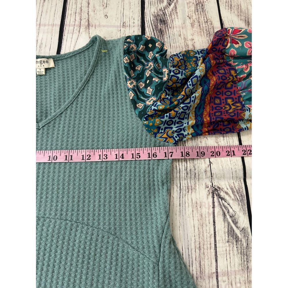 Umgee USA Sage Green Waffle Knit Mixed Print Balloon Sleeve Tunic Top S Boho - Picture 6 of 7